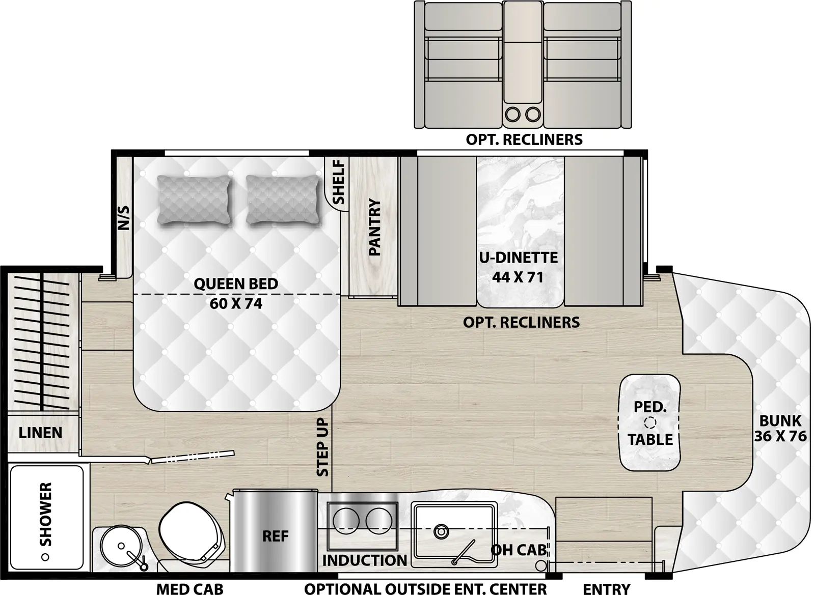 The Prism 24FSE has one entry and one slide out. Exterior features include: 14' awning and outside entertainment. Interiors features include: rear bedroom, bathroom and a half, bunk over cab and u-dinette.